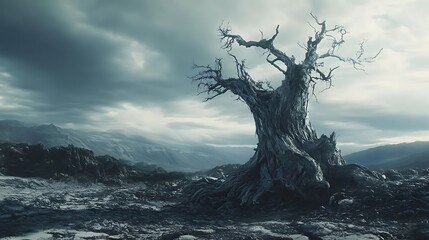A striking view of a dried tree weathered by time standing in a wasteland