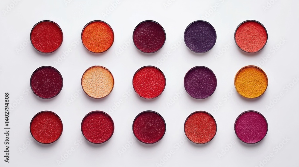 Poster a grid of 16 circular containers filled with various colored powders.