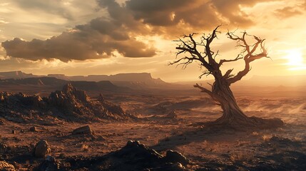 Powerful imagery of a lifeless tree in a sun-scorched desert wasteland