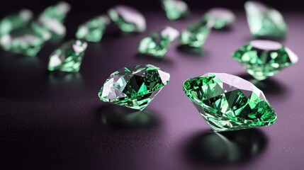 Fototapeta premium Shiny green diamonds on black-purple surface background. Concept 3D CG of luxury living, expensive things and high added value. PNG file format.