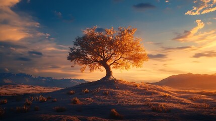A hauntingly beautiful lone tree standing in the center of a desert expanse