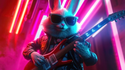 A white rabbit rocker plays an electric guitar under vibrant neon lights.