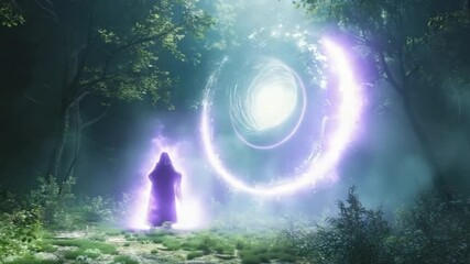 Mystical Forest Portal: A Dark Figure in a Purple Lit Night Forest - Powered by Adobe