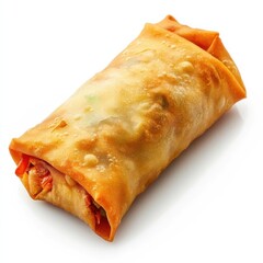 A golden crispy fried spring roll with a crunchy exterior, tender filling inside, and a slight golden hue