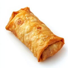 A golden crispy fried spring roll with a crunchy exterior, tender vegetables and meat inside, and a slight golden hue