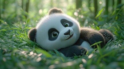 Obraz premium A cute cartoon panda cub resting in a grassy field.