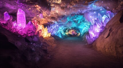 Fototapeta premium A colorful cave featuring illuminated crystals and a dim path