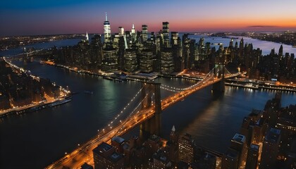 Obraz premium Manhattan Skyline at Night with Brooklyn Bridge