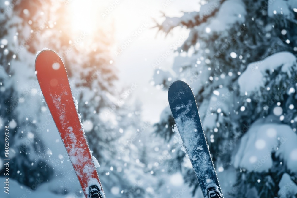 Poster winter skiing adventure in snowy forest with sunlight filtering through trees