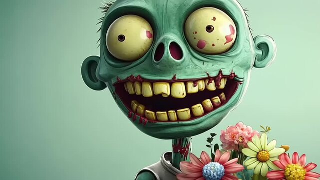 Cartoon zombie character holding a bouquet of colorful flowers, smiling