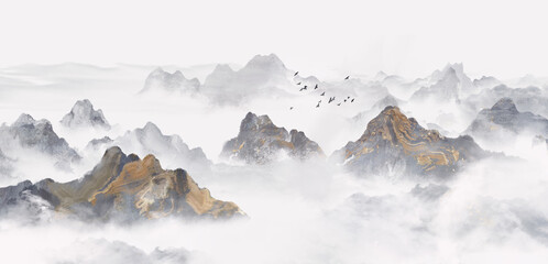 Hand drawn Chinese style ink landscape painting，Spring Landscape Painting