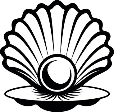 Stylized black and white image of vector a seashell with a pearl inside