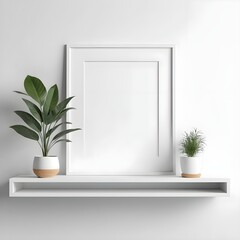 Minimalist Home Decor White Shelf with Frame, Plants, and Potted Greenery