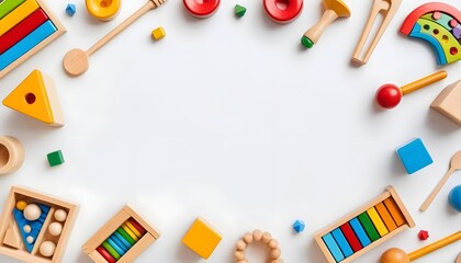 Colorful Wooden Toys Frame on White Background
