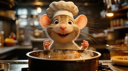 A cheerful cartoon mouse chef in a kitchen, supervising a pot of food.