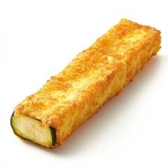 A golden crispy fried zucchini stick with a light, crunchy batter, tender zucchini inside