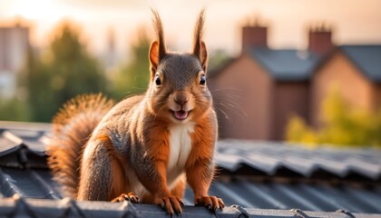 Happy Red Squirrel on Roof