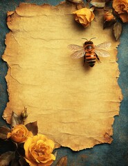 A vintage-style background featuring a bee and yellow roses, with a textured, aged paper surface, creating an artistic and natural aesthetic.