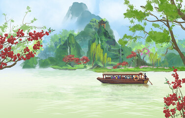 Hand drawn Chinese style ink landscape painting，Spring Landscape Painting