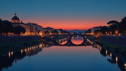 Obraz premium Tiber River twilight in Italy Rome, vibrant cityscape with reflections, dusk lights illuminating landscape. Concept of Tiber River twilight in Italy Rome, serene ambiance and beautiful scenery.