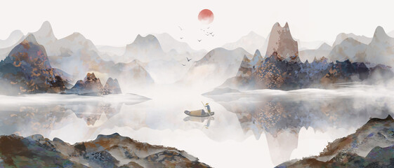 Hand drawn Chinese style ink landscape painting，Spring Landscape Painting
