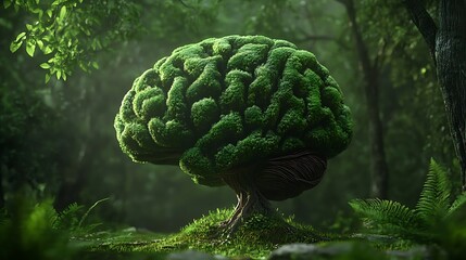 Think green artwork with a brain designed from dense forest trees promoting environmental awareness