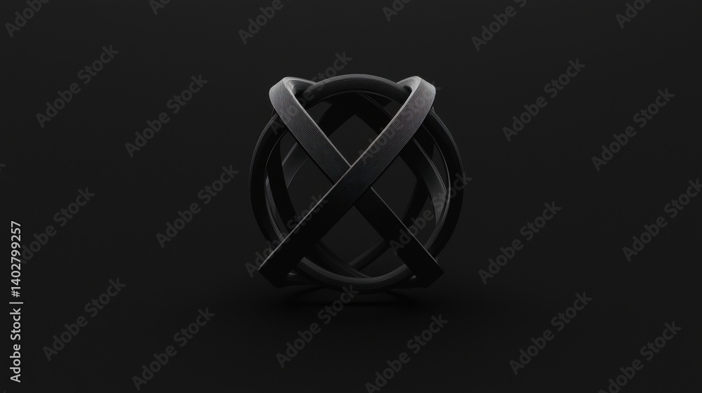 Poster a 3d rendering of a black wireframe sphere with a cross-shaped loop.
