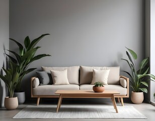 Modern Minimalist Living Room Interior with Beige Sofa and Plants