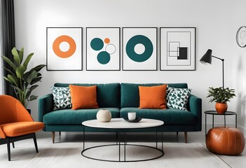 Modern Teal Living Room Interior with Geometric Artwork and Orange Accents