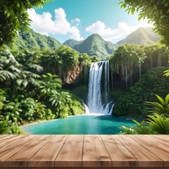 Wooden Tabletop with Blurred Waterfall Background