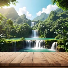 Wooden Tabletop with Blurred Tropical Waterfall Background