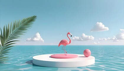 Pink Flamingo on Tropical Ocean Platform