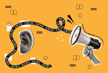 Contemporary halftone collage social media news,halftone hand holding loudspeaker with news text ribbon and ear,cut out from paper