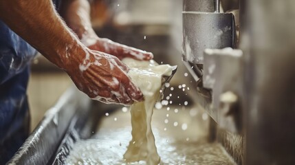 A close-up of a farmer hands using a modern milking machine to harvest milk from a cow in a clean, high-tech dairy barn