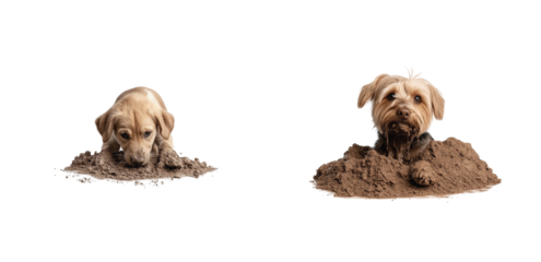 Playful dogs digging in piles of dirt with curious expressions and adorable muddy faces