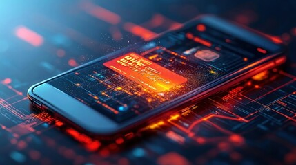 Mobile payment interface.  A smartphone displays a digital payment card interface overlaid with glowing, dynamic data streams. The device rests on a circuit board