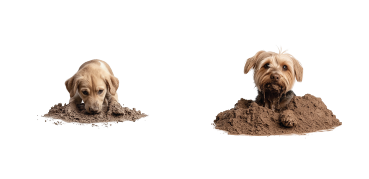 Playful dogs digging in piles of dirt with curious expressions and adorable muddy faces