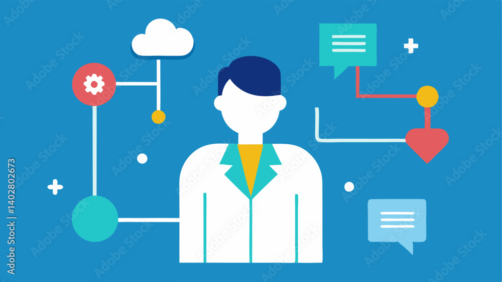 Poster precision diagnosis a doctor and ai interface together with arrows indicating communication represen