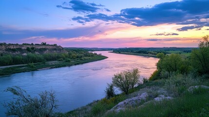 A Wide River Flows Through a Beautiful Landscape at Sunset