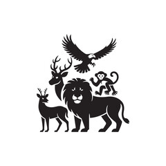  Various animal silhouettes including a lion, monkey, deer, eagle, and lioness, perfect for wildlife, nature, and safari-themed designs.