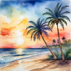 Obraz premium Tropical Sunset Beach with Palm Trees