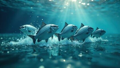 A school of silvery fish breaking through the surface of wavy water, surfacing, fish
