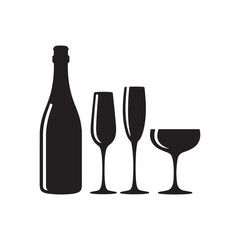  Vector illustration of champagne bottles and clinking glasses in black silhouette style, perfect for celebration, party, toast, and festive design concepts