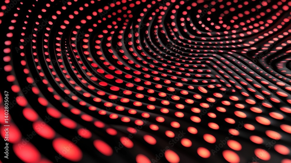 Poster a 3d rendering of a wave-like pattern of red and black dots.
