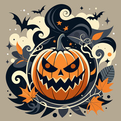 Stylized Halloween Jack-o&rsquo;-Lantern Illustration with Bats and Autumn Leaves &ndash; Vintage Vector Art.