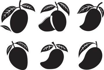 Collection of six black and white mango illustrations, showcasing whole mangoes and a sliced mango, with leaves attached for a fresh and vibrant feel, perfect for various design projects. © Simu Store