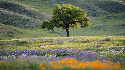 A lone tree emerging from rich soil with wildflowers blooming all around in a lush meadow