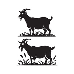  Playful silhouettes of goats in different poses, surrounded by grass, ideal for farm and animal-themed designs.