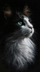 Emerald Eyes: A captivating portrait of a longhaired cat with striking emerald green eyes, a stark contrast to its black and white fur.