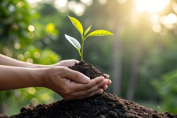 Hands Holding Soil with Seedling &ndash; Symbol of Growth and Nature